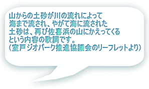 山からの土砂が川の流れによって 海まで流され、やがて海に流された 土砂は、再び佐喜浜の山にかえってくる という内容の歌詞です。 （室戸ジオパーク推進協議会のリーフレットより）