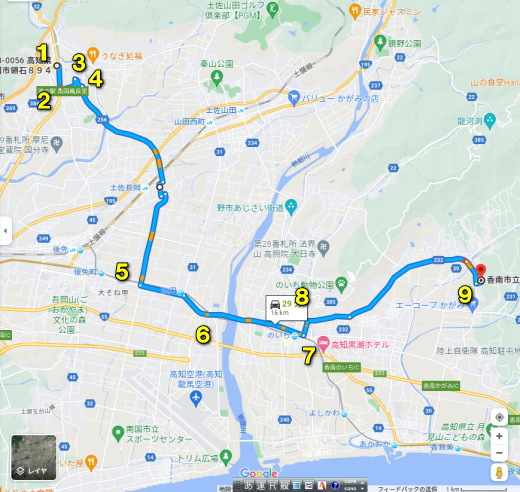 高知自動車道・南国インターチェンジから香我美小学校までのルートマップ全体図