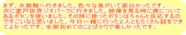 どろの石は、ツルツルで、すなの石がざらざらでした。 そして水ぞくかんでは、シュモクザメやエイがいました。 そしてわたしは、とびばこでへいきゃくとびをしたとき、ひざをうちました。 あと、かめのこうらをせおいました。楽しかったです。 