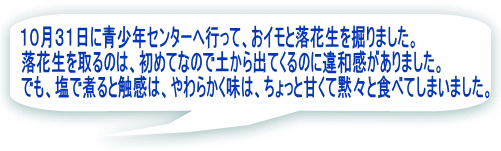 １０月３１日に青少年センターへ行って、おイモと落花生を掘りました。 落花生を取るのは、初めてなので土から出てくるのに違和感がありました。 でも、塩で煮ると触感は、やわらかく味は、ちょっと甘くて黙々と食べてしまいました。